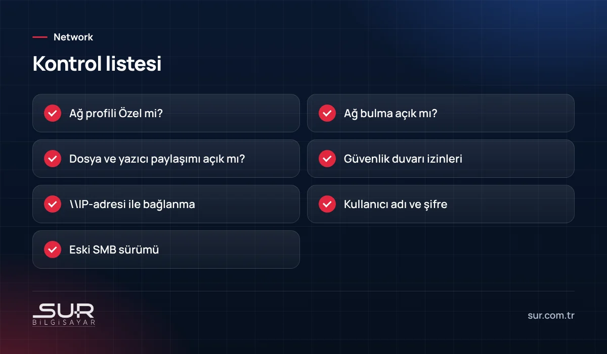 Ağdaki bilgisayarlar birbirini görmüyorsa kontrol listesi