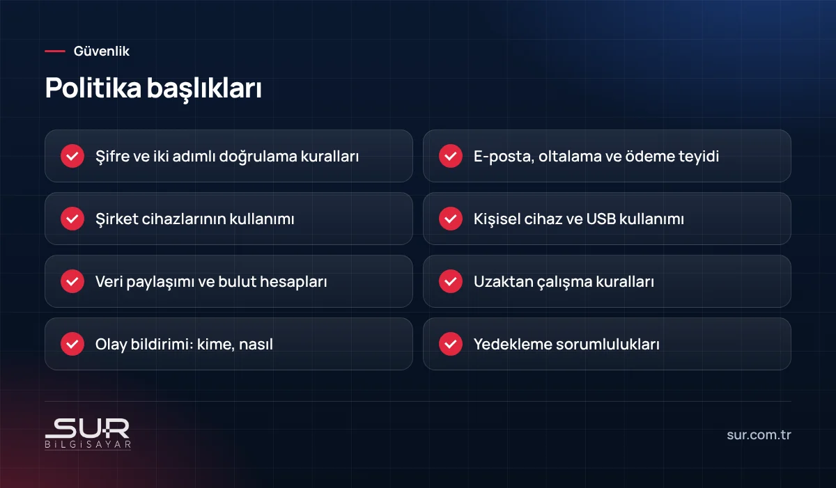 Küçük işletme bilgi güvenliği politikasında yer alması gereken başlıklar