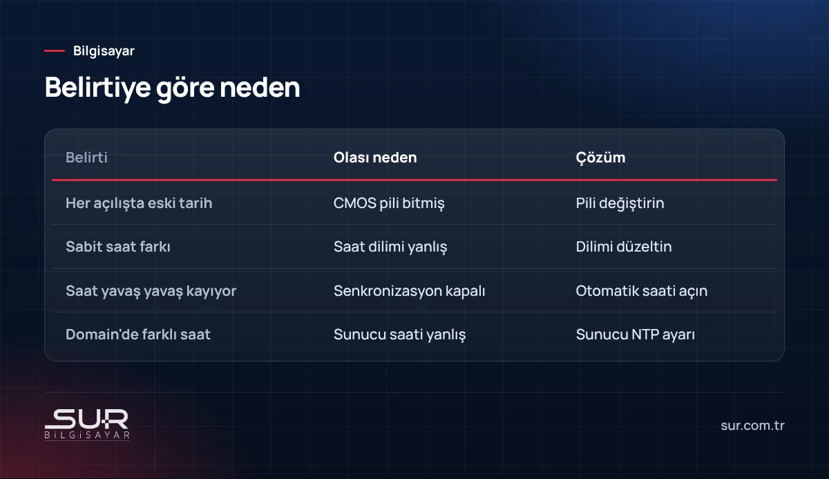 Bilgisayar saatinin yanlış olmasının belirtilere göre nedenleri ve çözümleri tablosu