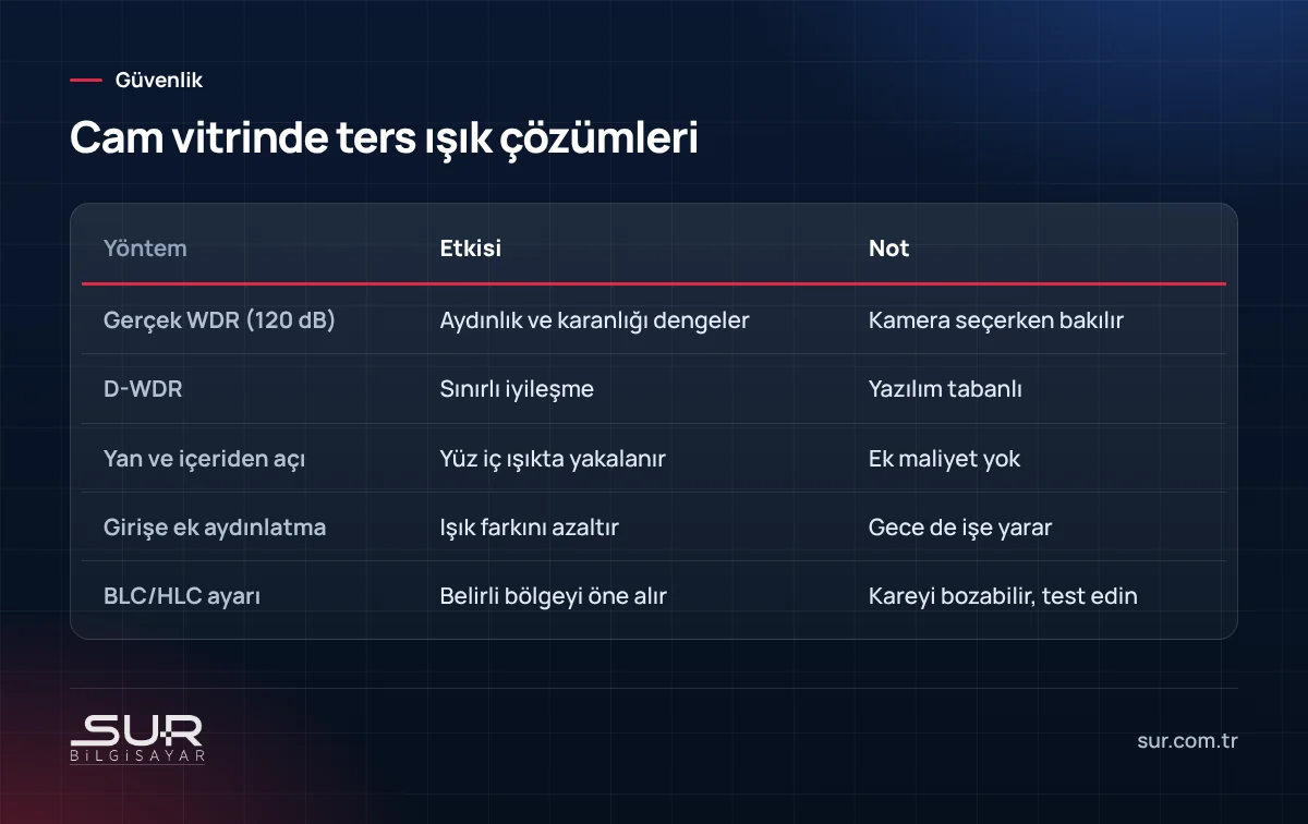 Dükkan cam vitrini ters ışık sorununa karşı WDR, D-WDR, kamera açısı ve aydınlatma çözümleri karşılaştırması