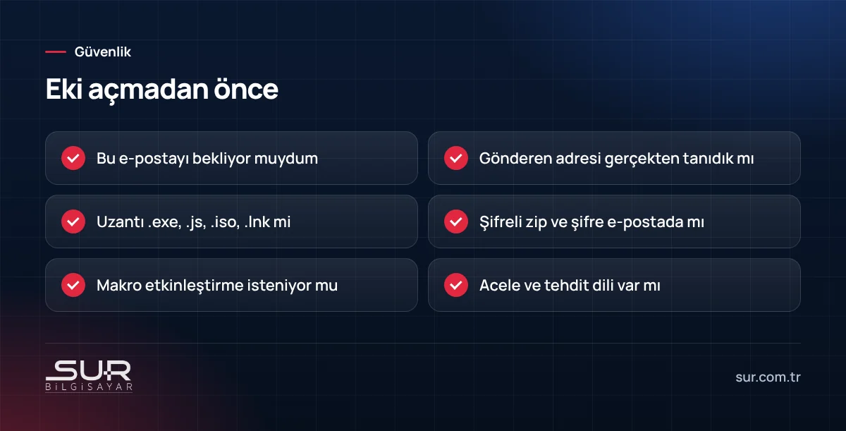 E-posta ekini açmadan önce yapılacak kontroller listesi