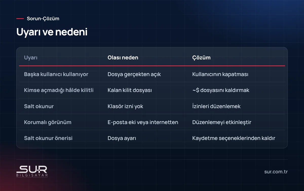 Excel salt okunur ve kilit uyarıları