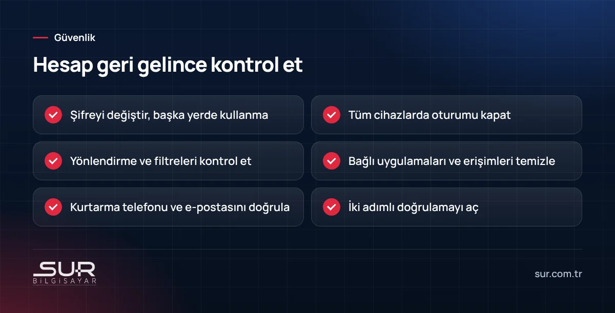 Ele geçirilen Gmail hesabı geri alındıktan sonra kontrol listesi
