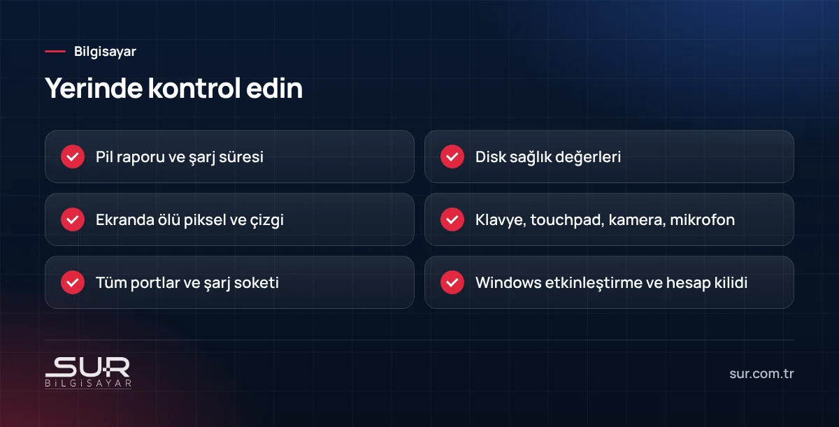 İkinci el laptop alırken yerinde kontrol edilecek pil, disk, ekran ve port listesi