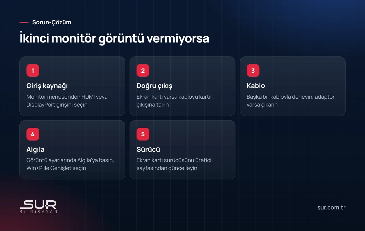 İkinci monitör algılanmadığında giriş kaynağı, çıkış, kablo ve sürücü kontrol adımları