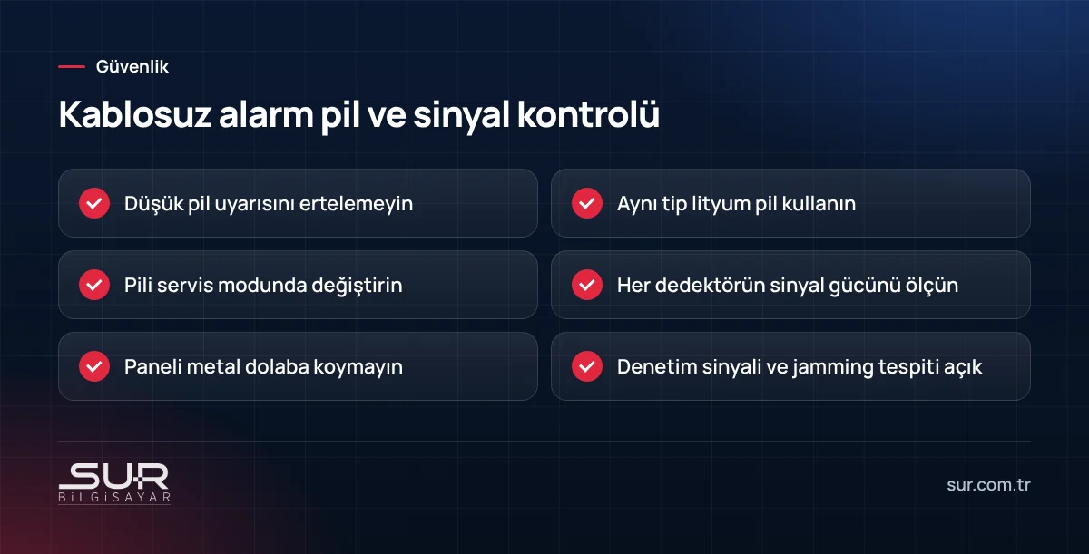 Kablosuz alarm sistemi pil değişimi ve sinyal gücü için kontrol listesi