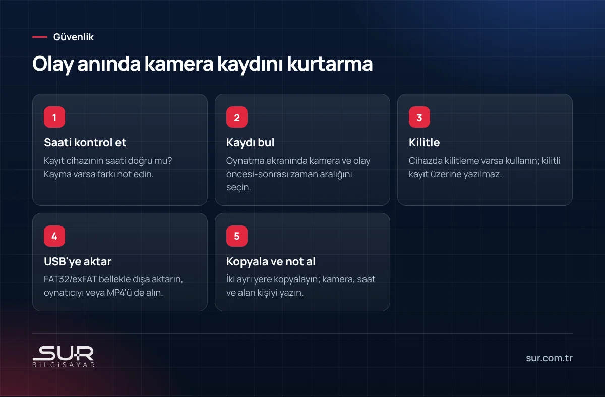 Olay sonrası güvenlik kamerası kaydını üzerine yazılmadan USB belleğe dışa aktarma adımları