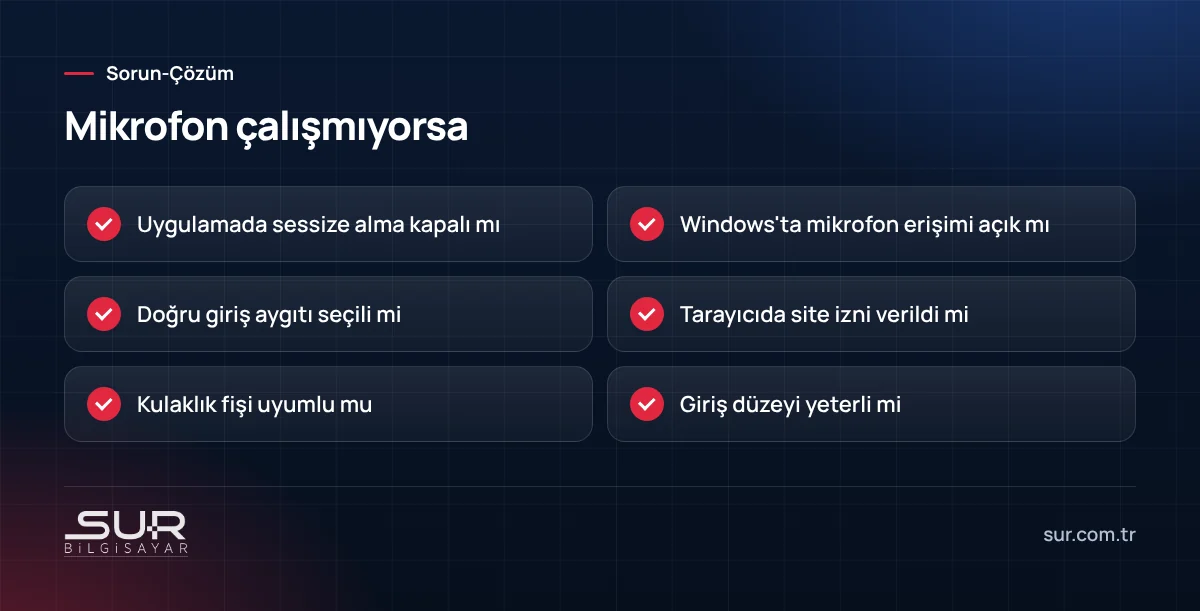 Toplantı uygulamalarında mikrofon çalışmadığında kontrol listesi