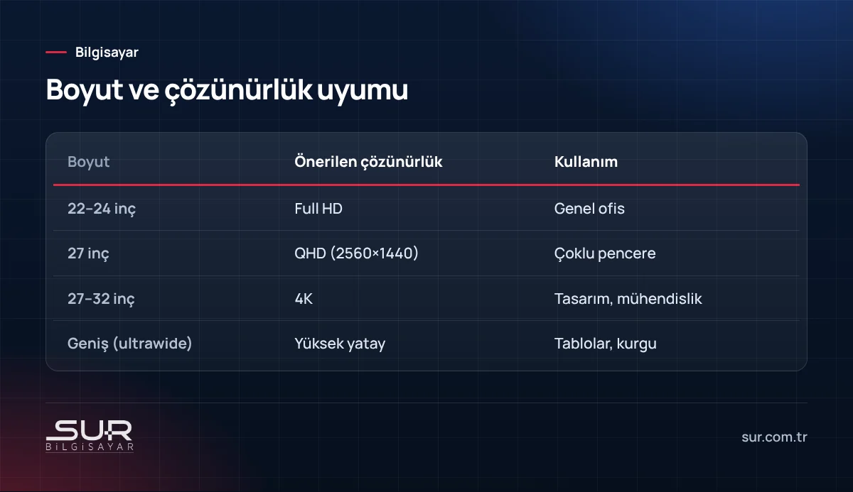 Ofis monitörü için boyut ve çözünürlük uyumu tablosu