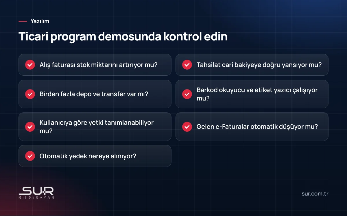 Ön muhasebe ve ticari program demosunda stok, cari, e-Fatura ve yedekleme için kontrol listesi