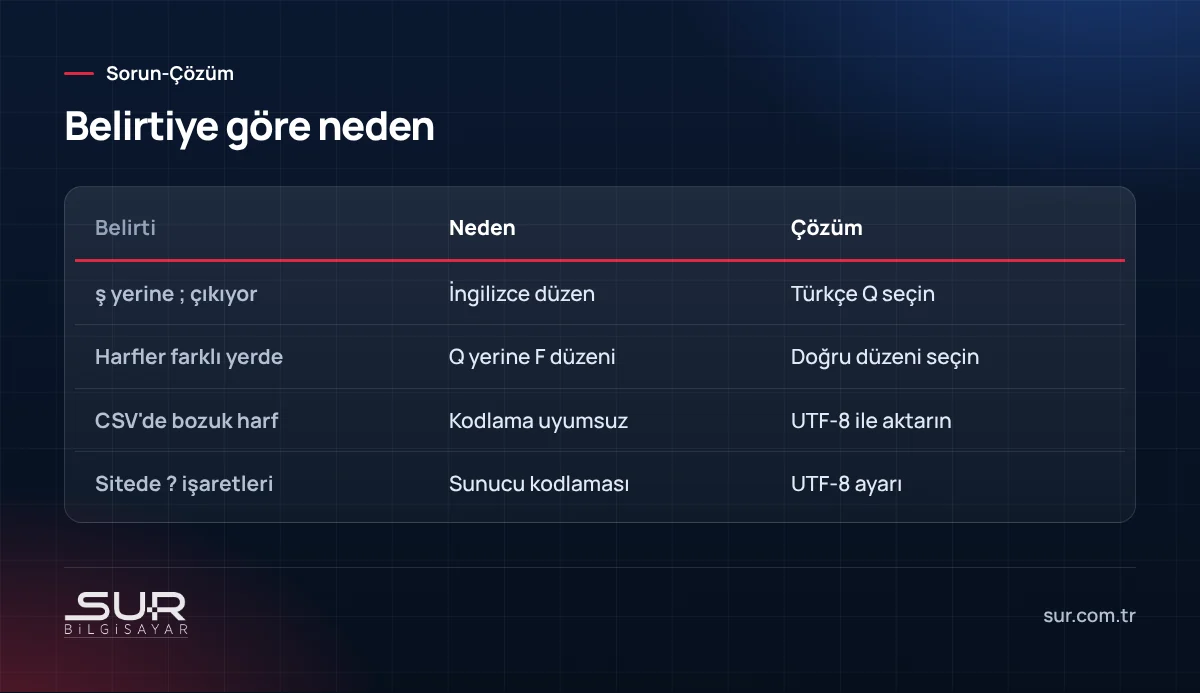 Türkçe karakter sorunlarının belirtilere göre nedenleri ve çözümleri tablosu