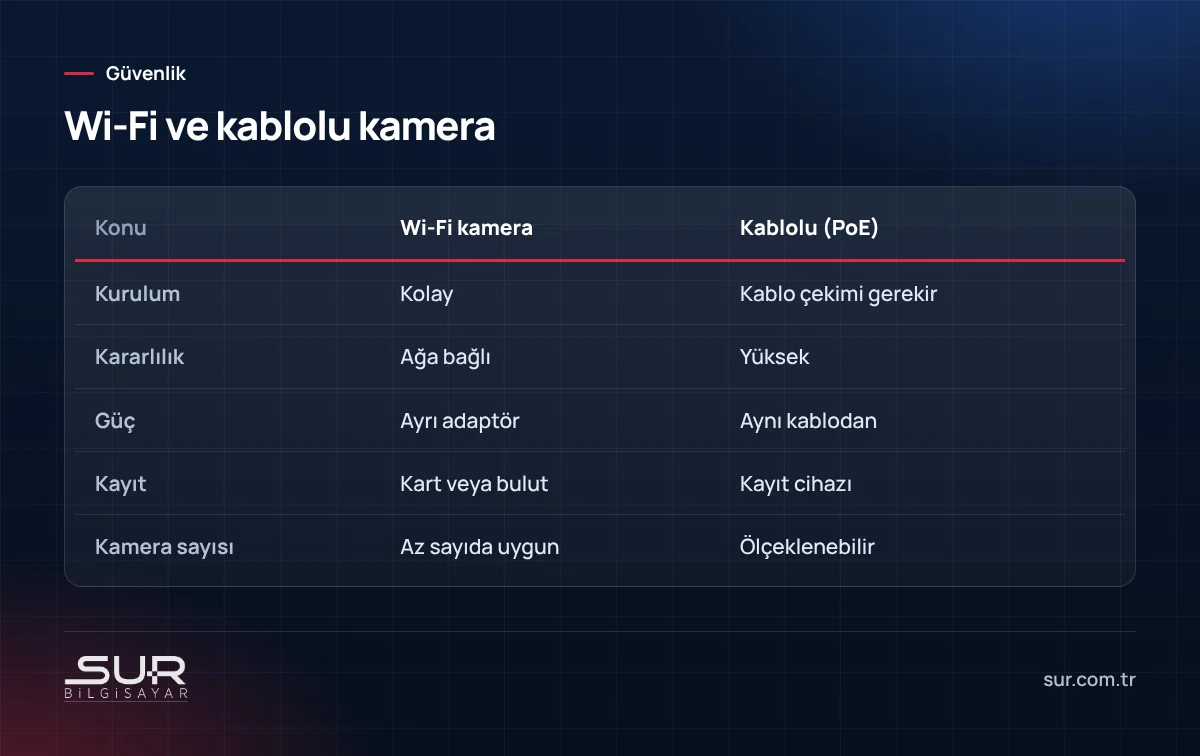 Wi-Fi güvenlik kamerası ve kablolu PoE kameranın kurulum, kararlılık, güç ve kayıt karşılaştırması
