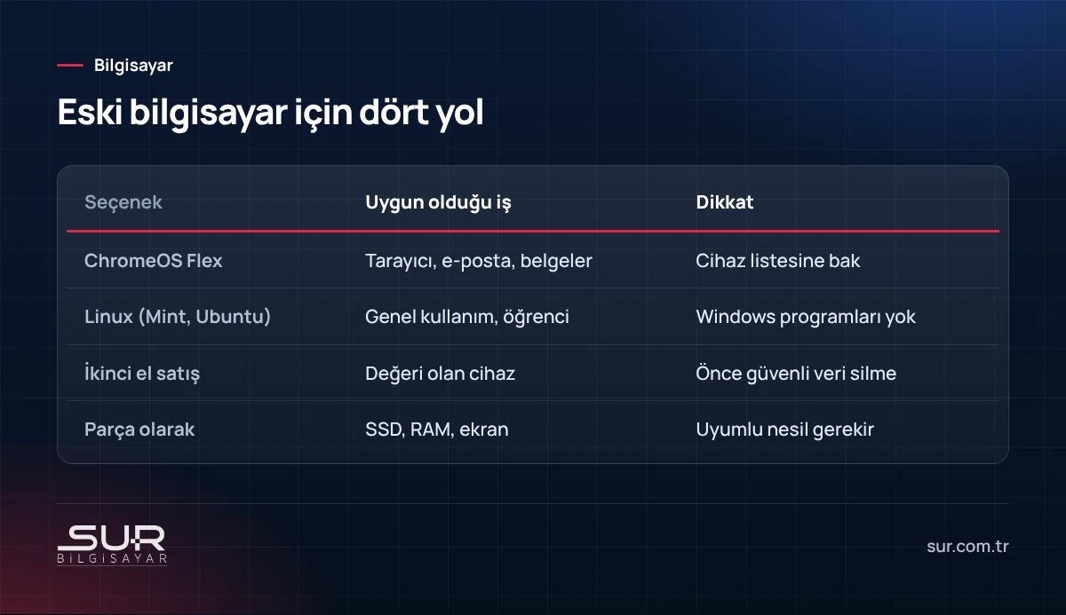 Windows 11'e yükseltilemeyen eski bilgisayar için ChromeOS Flex, Linux, satış ve parça seçenekleri tablosu