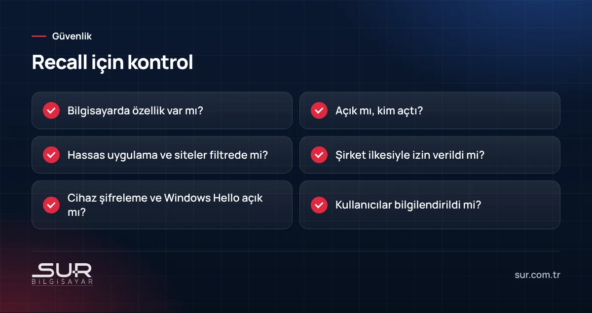 Windows Recall özelliği için gizlilik ve yönetim kontrol listesi