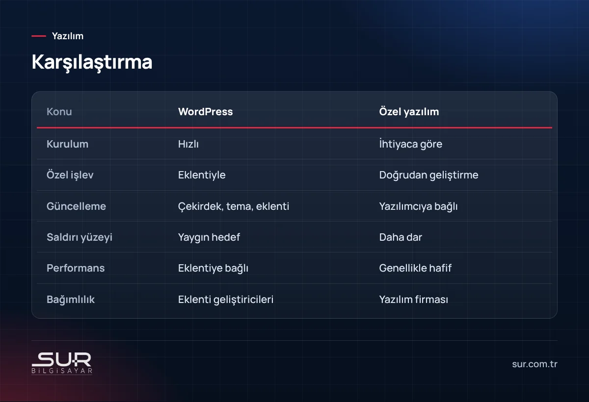 WordPress ve özel yazılım web sitesi karşılaştırması