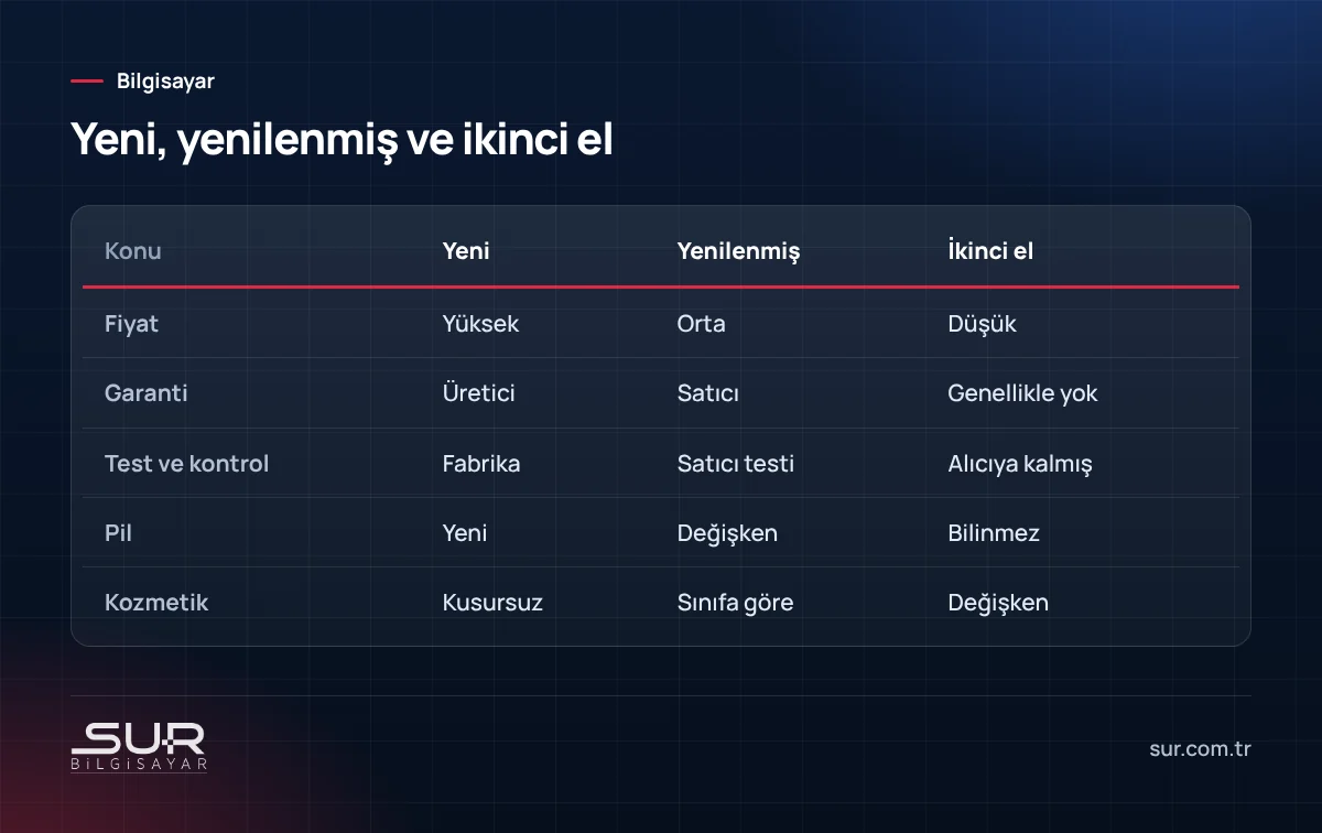 Yeni, yenilenmiş ve ikinci el laptopların fiyat, garanti ve pil karşılaştırması