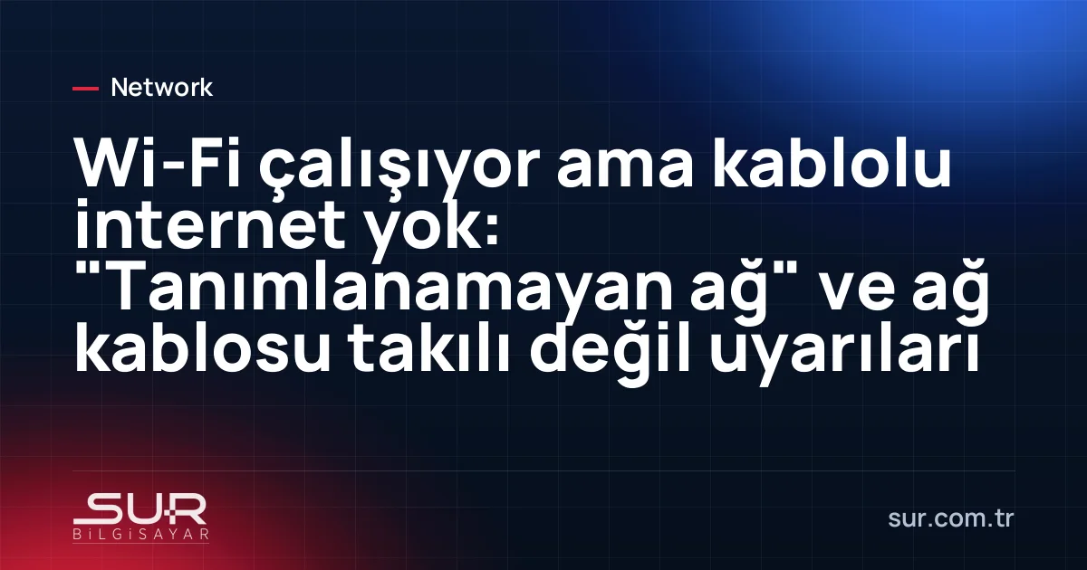 Dizüstü bilgisayara takılı ağ kablosu ve uyarı simgesi