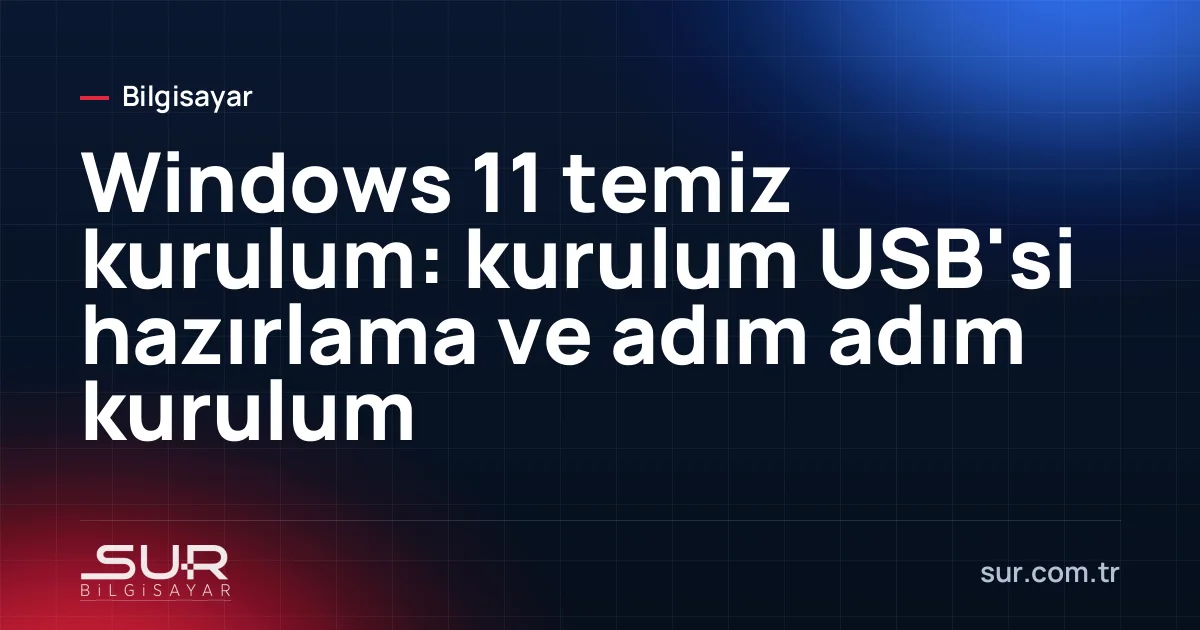 Bilgisayara takılı kurulum USB belleği ve ekranda Windows 11 kurulum sihirbazı